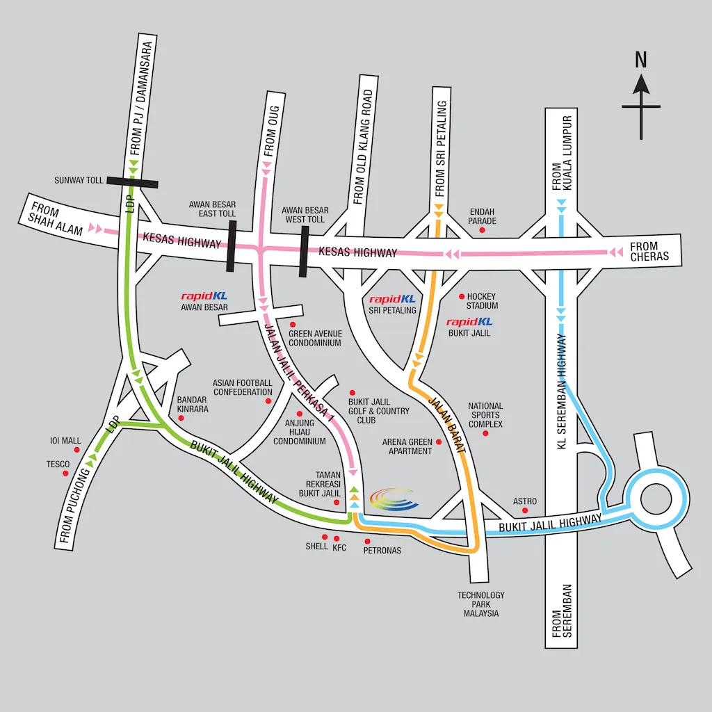 Driving map of the highways and roads leading to Calvary Convention Centre in Bukit Jalil