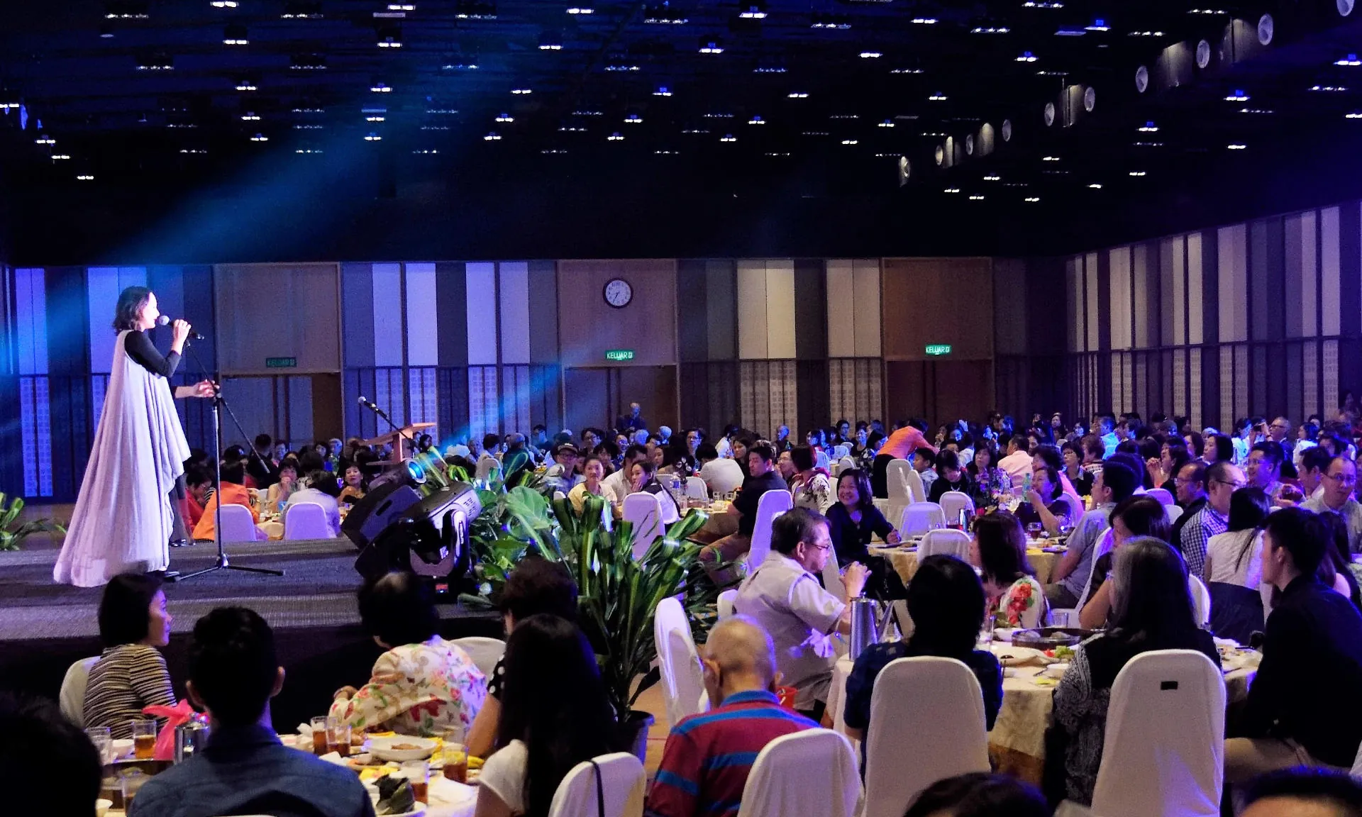 Singer performing on stage at a banquet dinner in the Multipurpose Banquet Hall