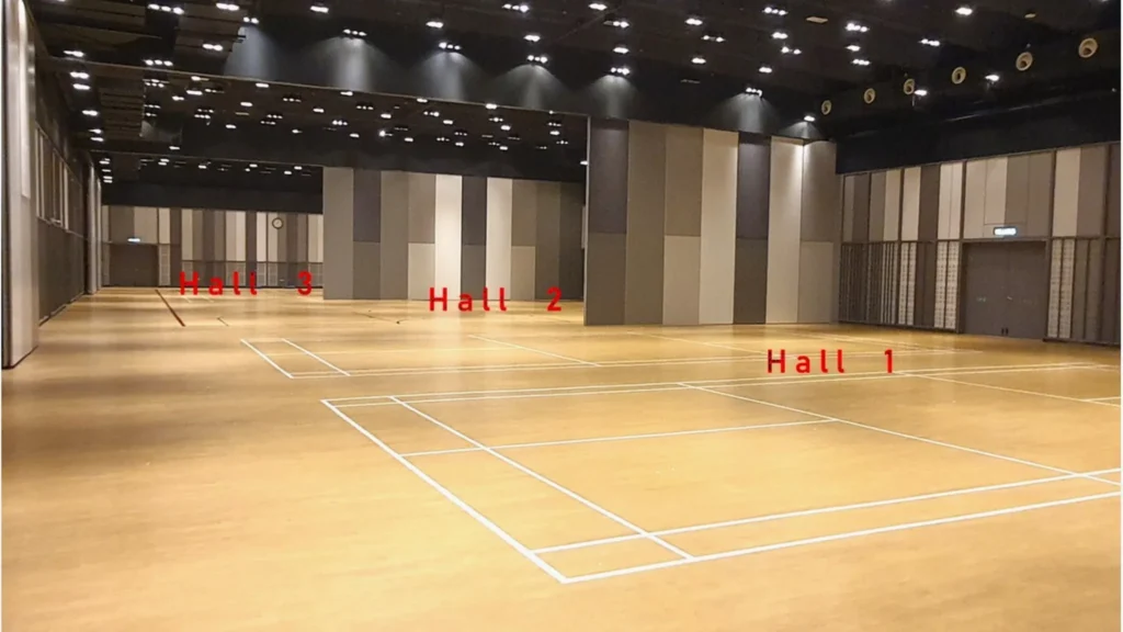 Empty Multipurpose Banquet Hall with Hall 1, Hall 2 and Hall 3 labelled in red