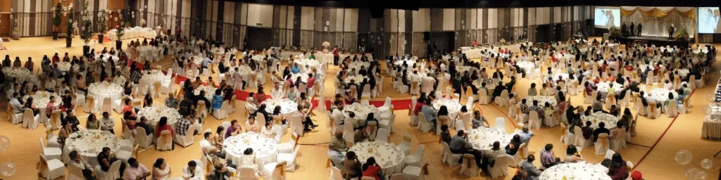 Panoramic view of a full wedding dinner in the Multipurpose Banquet Hall