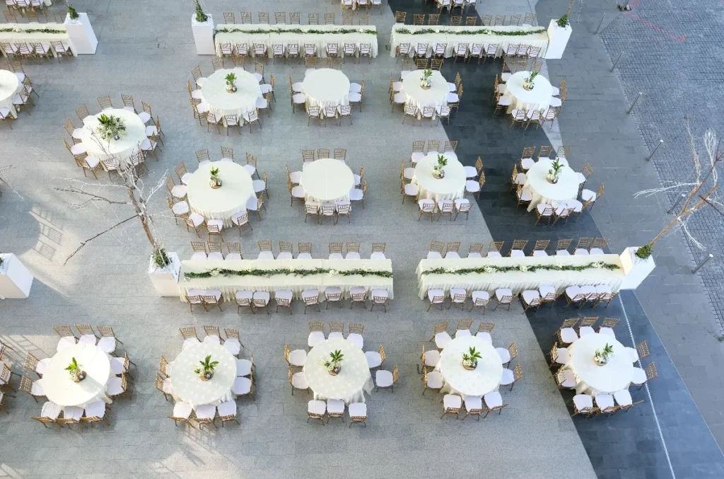 Wedding dinner tables seen from above on the Plaza floor